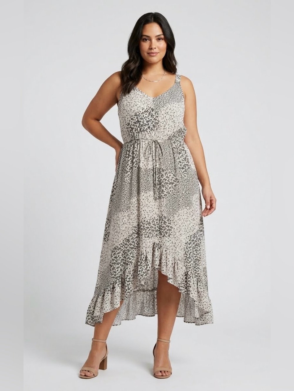 Mixed Floral Print Midi Dress Asymmetrical Hem